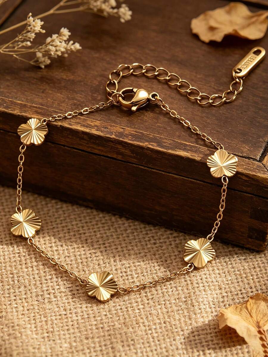 1pc 9mm Stainless Steel Luxury Fashion 18K Gold Plated Five-Leaf Flower Mini Bracelet For Women, Delicate Daily Wear Gift - Floral Bracelet - View 1
