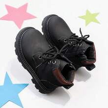 1 Pair Girls' Black Contrast Color Lace-Up Ankle Boots, Suitable For Autumn/Winter Daily School And Outing Wear - Black - View 6