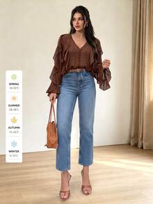Camisa beige versátil, casual y de oficina con volantes asimétricos y semitransparentes, adecuada para citas, uso diario, vacaciones en la playa. Los volantes añaden suavidad, se puede combinar con vaqueros para looks festivos y con faldas para ir a la oficina de manera elegante. - Marrón - Ver 2