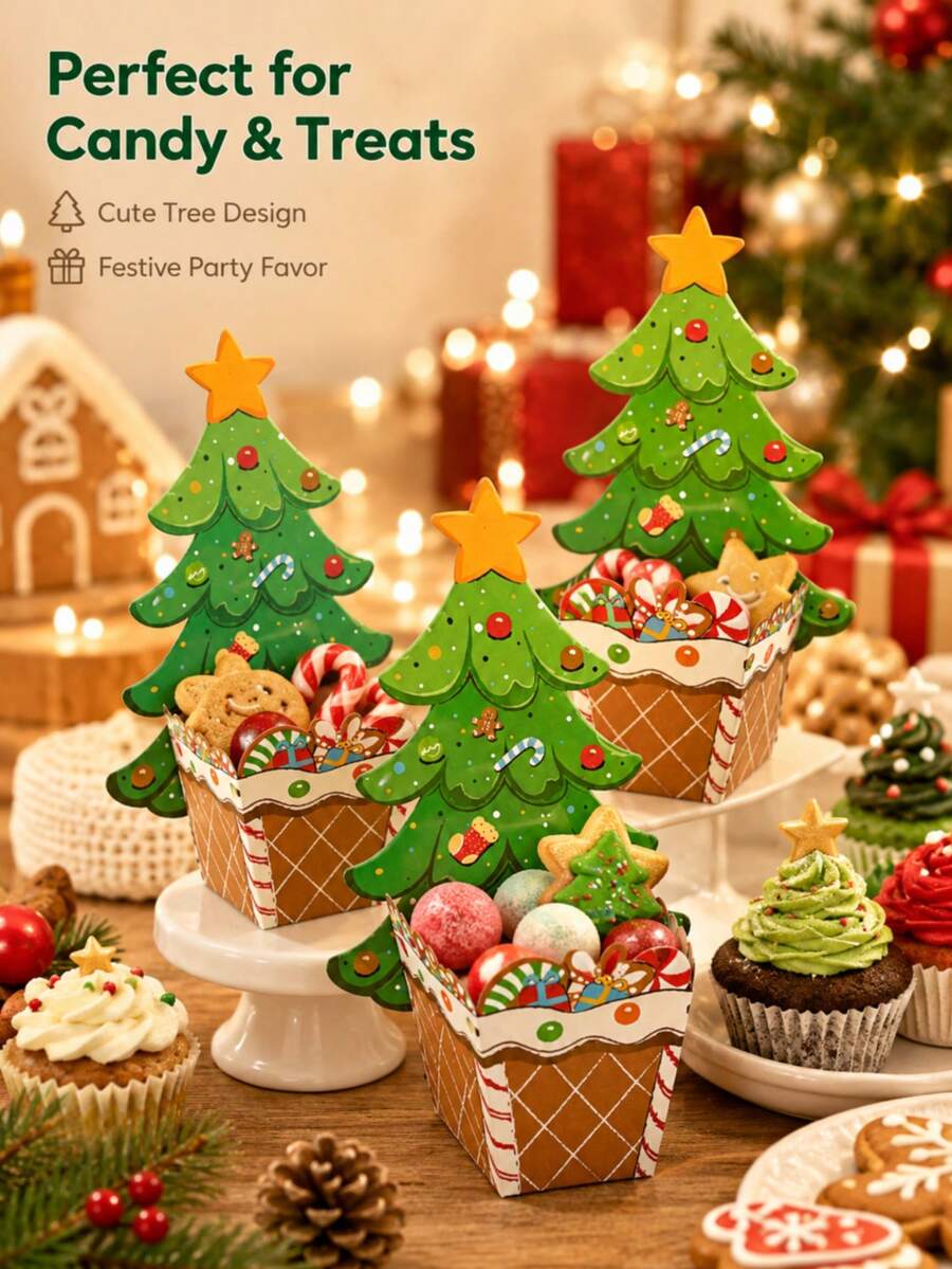 10pcs Reusable Christmas Tree Candy Boxes, Holiday Cartoon Design, Cute Holiday Dessert Packaging, Suitable For Cookies, Chocolates, Party Favors, Christmas Parties, Gifts And Tabletop Decor - Multicolor - View 1