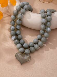 OABE 2pcs/Set Bohemian Style Gray Beaded Layered Necklace With Heart Pendant, Suitable For Women's Daily Wear - Grey - View 4