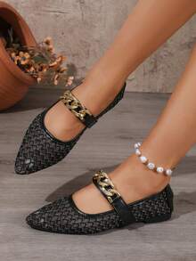 Hollow Mesh Low Vamp Women's Pointed Toe Metal Chain Buckle Soft Sole Comfortable Flat Shoes For Commuting - Black - View 2
