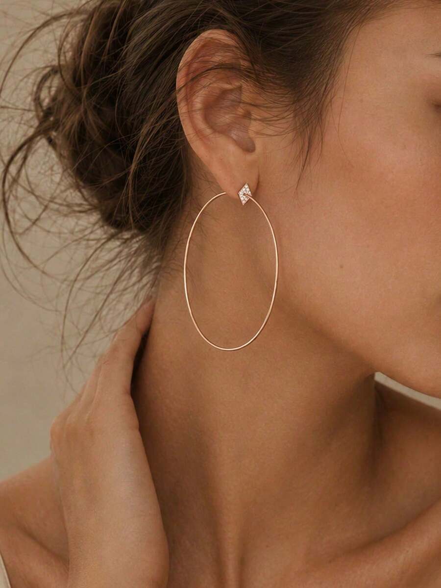 FAAABULS 1 Pair Women's Gold Large Hoop Earrings, Sparkling Rhinestone Geometric Studs With Oversized Thin Round Hoop Design, Elegant Minimalist Eye-Catching Earrings, Suitable For Wedding, Graduation Ball, Party, Date, Vacation And Daily Wear - Gold - View 1