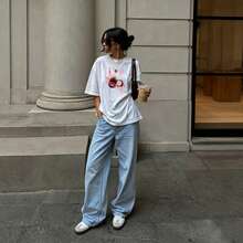 Women White Oversized Crew Neck Short Sleeve Cotton T-Shirt Abstract Red Splash Graphic Streetwear Spring Summer Breathable - White - View 1