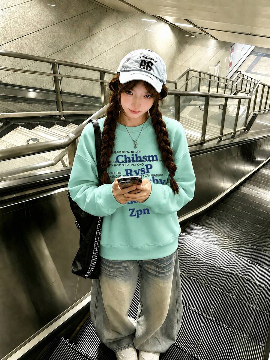 American Brand Letter Print Crew Neck Sweatshirt For Women, Autumn/Winter New Slouchy Loose Versatile Mint Green Top - Mint Green - View 1
