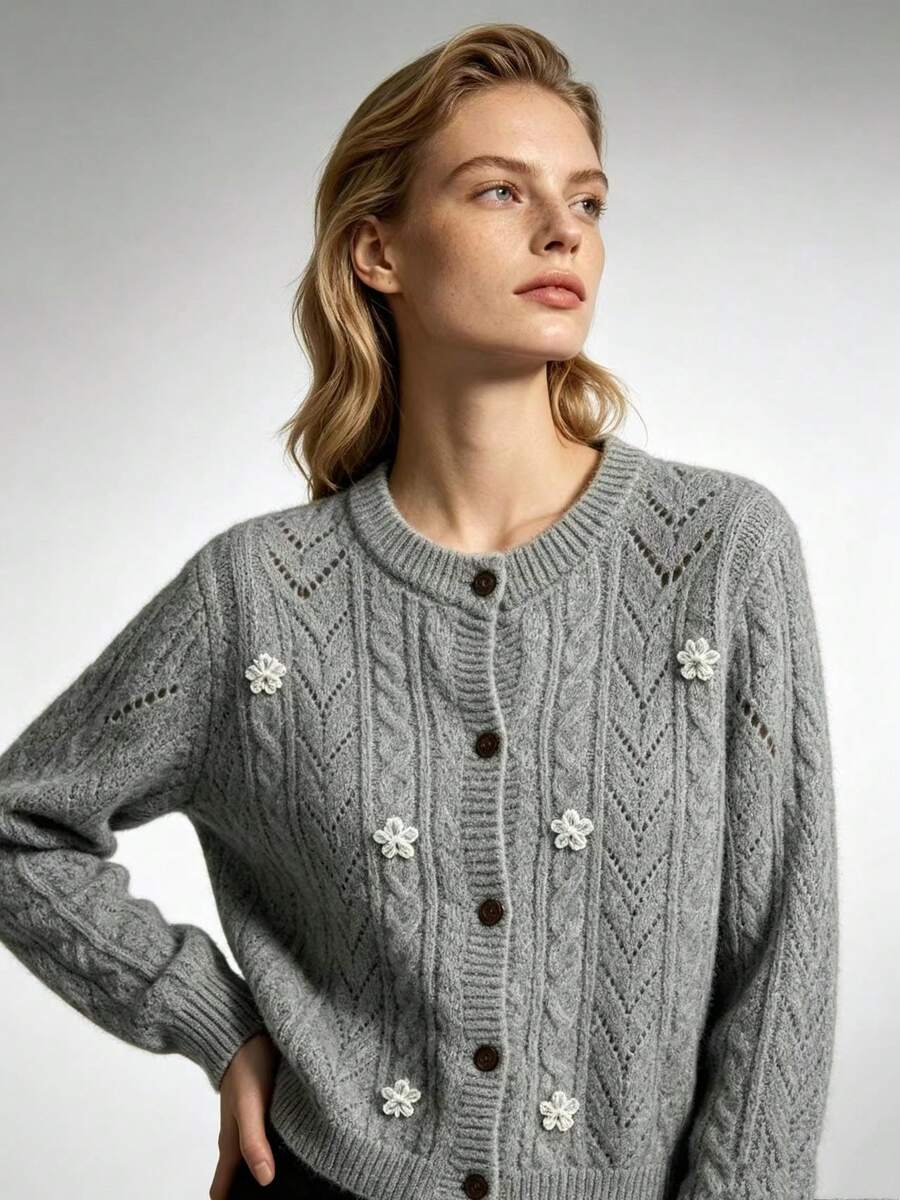 Women's Floral Embroidered Pointelle Cable Knit Cardigan, Jacke Damen Herbst Crew Neck Button Front,Jacken Herbst Fall Slim Versatile Casual Outerwear