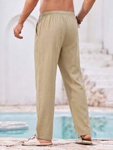 Mercer Haus Men's Solid Color Linen Drawstring Casual Straight Leg Pants, Minimalist Fashion Beach Trousers - Khaki - View 4