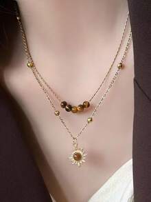 QTHOPE Kalung Bunga Matahari Emas Vintage dengan Batu Mata Harimau untuk Wanita, Desain Niche Rantai Sweater Berlapis, Aksesori Rantai Tulang Selangka Musim Gugur/Dingin - matahari - View 2