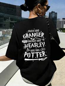 New Women's Short Sleeve T-Shirt, 100% Cotton, Authorized WB Brand, "" Slogan Pattern Print, Breathable For Summer - Black - View 12