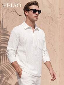 FEIAO Men's Retro "Old Money" Style Long-Sleeve Shirt With 3D Texture-Casual, Stylish, And Versatile For Commuting; Perfect For Both Fall And Winter - White - View 2