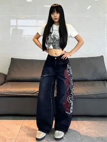 1pc Women's Loose Fit Embroidered Wide Leg Jeans, Comfortable Casual High Street Versatile Denim Pants (Belt/Accessories Not Included) Spring Fall - Dark Wash - View 7