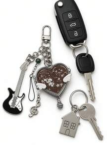 Y2k Heart-Shaped Mirror Bag Charm, Style Musical Note Guitar Pendant, Portable Heart-Shaped Mirror Keychain, Birthday Or Holiday Gifts. - Multicolor - View 9