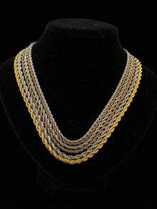 Kalung Rantai Tali Pilin 3/4/5mm Panjang 22 Inci, Set 3 Buah, Rantai Polos Tali Pilin Dua Warna Emas & Perak, Rantai Polos Dasar Hip Hop, Dapat Digantung Liontin, Aksesori Pakaian Sehari-hari Streetwear Unisex - Set rantai pilin 3.4.5mm - View 2