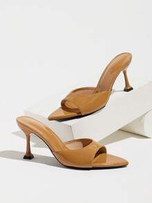 Women's Brown Glossy Pointed Toe Kitten Heel Mule Sandals, Slip-On Open Toe Evening Party Slippers - Brown - View 6