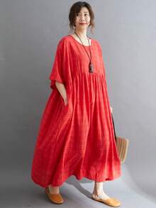 AZAH Halloween Elegant Ball 女款休閒夏季大尺碼紅色格紋洋裝，復古寬鬆蝙蝠袖短袖圓領A字長版口袋長洋裝 - 橘色 - 查看 1