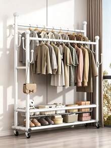Double‑Pole Floor‑Standing Movable Coat Rack With Universal Casters For Easy Movement, Side Hooks, Double‑Layer Storage Space, Thickened Stable Tubing, Available In Black And White, Provides Large‑Capacity Storage For Clothes, Hats And Shoes - A - View 4