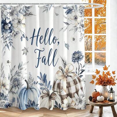 1pc Hello Fall Blue & White Autumn Shower Curtain, Plaid Bow Pumpkin Floral Bathroom Partition Curtain - Suitable For Bathroom Decor, Easy To Clean, Exquisite Home Decor, Bathroom Partition Curtain, Decorative Shower Curtain, Bathroom Accessories Home Decor Gift - Includes 12 Hooks