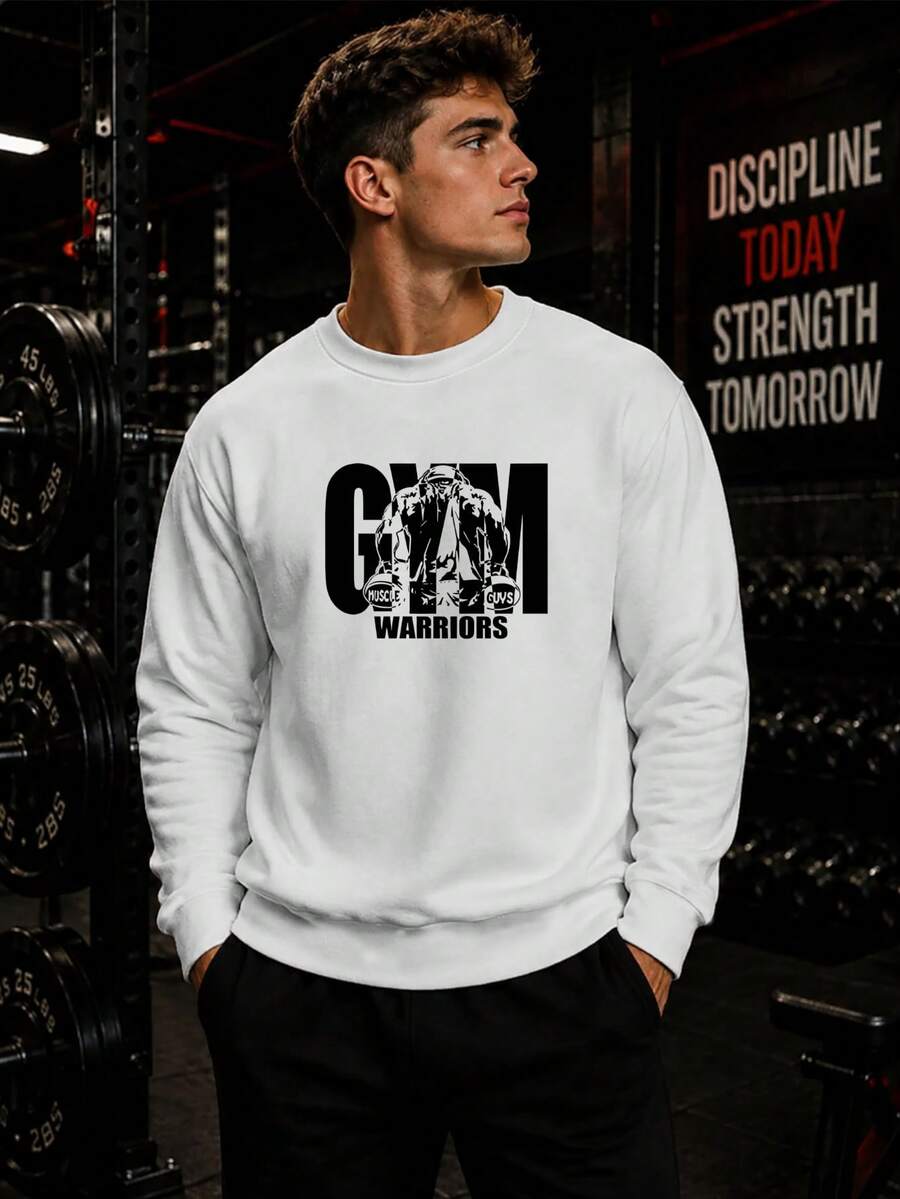 Men's Gym Warriors Graphic Crew Neck Sweatshirt, Loose Fit Pullover White Sports