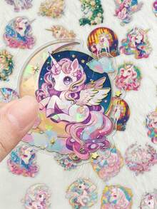 30Pcs Holographic Rainbow Unicorn Stickers, Cute Winged, Moon, Star, Cloud & Floral Decals, Waterproof Vinyl Stickers For Water Bottle, Notebook, Phone Case, Luggage, Scrapbook DIY Decor - Multicolor - View 3