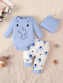 0-12 Months Newborn Baby Boy 3Pcs Cute Elephant Pattern Romper + Pants + Hat Set, Autumn Outfit - Baby Blue - View 1