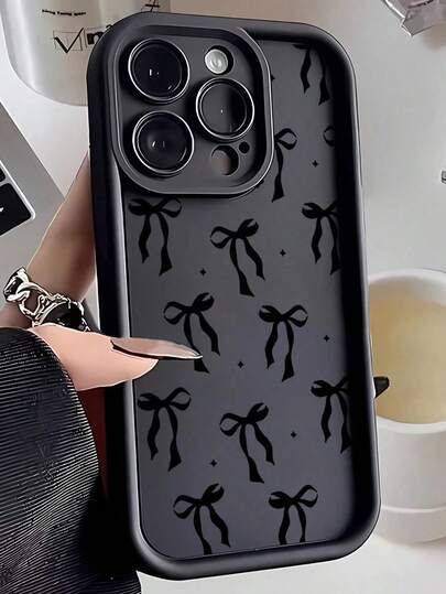 1 Adet Siyah Küçük Yıldız ve Küçük Fiyonk Desenli Yıldızlı Gökyüzü Şirin Sade Minimalist Fiyonklu Taze Kız Tarzı Avrupa ve Amerikan Stili Sweetheart, Buzlu Siyah Lens Çerçeveli Kademeli Tasarım Tam Kapsamlı Darbe Önleyici Yumuşak Kılıf, Şunlar İçin Uygun
