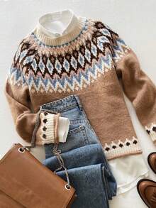 Women's Vintage Fair Isle Pattern Long Sleeve Pullover Sweater, Knitted Medium Stretch Regular Fit Winter Knitwear - Khaki - View 5