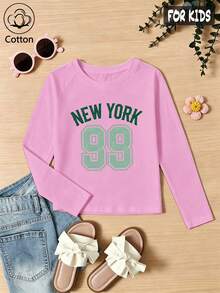 Girls Cotton Raglan Long Sleeve T-Shirt For Fall Winter, Green New York 99 Print, Sporty Cute Sweet Preppy Style - Light Wine Red - View 3
