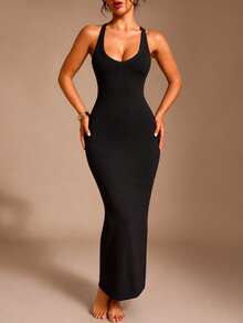 XLLAIS Sexy V Neck Criss Cross Back Kint Maxi Dresses Slim Fit Bodycon, Date Night Party - Black - View 10