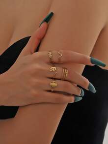 MESTILO 3pcs/Set Stainless Steel Hollow Out Geometric & Letter Rings With Cold Tone For Women, Party Gift - Gold - View 8