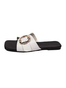 Women's Comfortable Wear-Resistant Rhinestone Metal Round Buckle Solid Color No Pattern Square Toe Cross Wide Strap Flat Slide Sandals European And American Fashion Style Daily Beach Outing Summer White Faux Leather Slip-On Slippers - White - View 6
