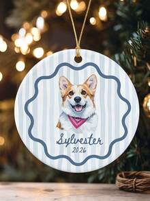 Personalized Photo Round Ceramic Christmas Ornament, Custom Name & Year, Macaron Color Striped Wavy Border, Christmas Tree Hanging Decor, Upload Family Baby Pet Portrait, Commemorative Keepsake Gift - Multicolor - View 5