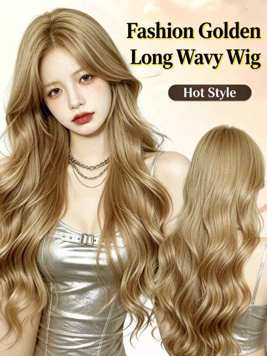 30 Inch Long Golden Wavy Wig Natural Loose Curly Synthetic Wig With Bangs For Women Daily Party Use - Multicolor - View 1