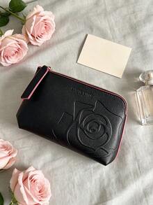 Lancôme Bolsa de cosméticos Lancome con rosa en relieve negro, bolsa de maquillaje de cuero sintético con ribete rosa, portátil y duradera, adecuada para uso personal y regalo, LANCOME‑GIFT‑30 - Negro - Ver 3