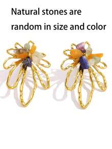 1 Pair Women's Colorful Natural Stone Stainless Steel Earrings, 18K Gold Plated, Hollow Flower Design, Women's Stainless Steel Jewelry, Stainless Steel Material Resistant To Fading And Hypoallergenic, Women's Jewelry, Women's Accessories, Best Gift Choice - Style 1 - View 5