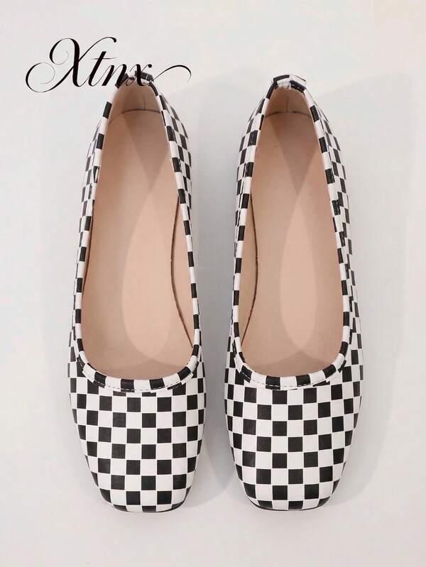 1 Pair Women's Lightweight Slip-On Retro Black & White Checkered Low-Cut Low Heel Flat Shoes