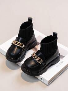 1 Pair Girls Baby Toddler Metal Buckle Decor Knitted Collar Comfortable Flat Elastic Boots, Suitable For Daily Wear In Autumn/Winter - Black - View 3