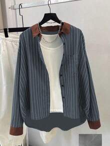 Women's Casual Striped Long Sleeve Shirt, Versatile & Minimalist Spring - Navy Blue - View 1