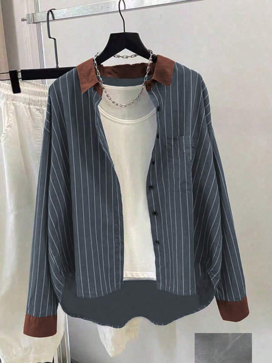 Women's Casual Striped Long Sleeve Shirt, Versatile & Minimalist Spring - Navy Blue - View 1