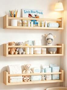 3pcs Natural Wood Children's Wall-Mounted Picture Book Shelf, Wall Storage Bookshelf - Khaki - View 7