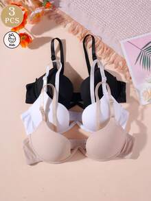 3pcs/Set Teen Girls Solid Color Smooth Underwire Bra, Adjustable Spaghetti Strap Multi-Hook Back Closure Everyday Lingerie - Multicolor - View 9