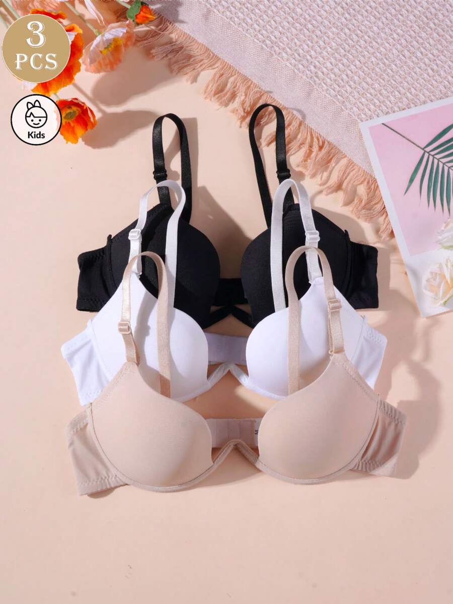 3pcs/Set Teen Girls Solid Color Smooth Underwire Bra, Adjustable Spaghetti Strap Multi-Hook Back Closure Everyday Lingerie - Multicolor - View 1