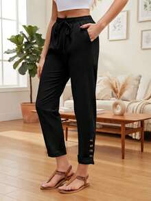 Jisfaneya Plus Size Solid Color Drawstring Waist Lace Hem Linen Blend Black Straight Leg Casual Lounge Pants, Versatile 3/4 Length For Spring & Summer - Black - View 1