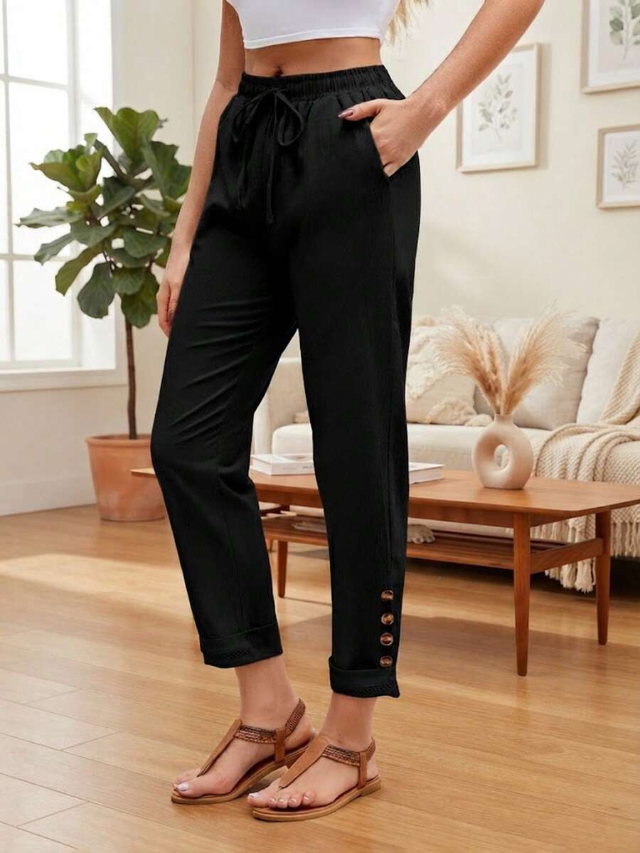 Jisfaneya Plus Size Solid Color Drawstring Waist Lace Hem Linen Blend Black Straight Leg Casual Lounge Pants, Versatile 3/4 Length For Spring & Summer - Black - View 1