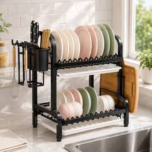 Multi-Function Storage 2-Tier Dish Drying Rack Black Kitchen Counter Organizer For Plates Bowls Cups And Utensils, With 2 Drip Trays Utensil Holder, Hanging Hooks And Cutting Board Holder,Kitchen Essentials,Organziers Storage,House Essentials - View 9
