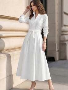 Vuslat Women's Autumn Solid Color Small Stand Collar Long Sleeve Hidden Button Waist Tie Pocket Knee-Length Shirt Dress, Commuter Wear - White - View 4
