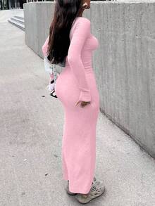 Elegant Long Sleeve Fitted Elastic Knit Dress - Pink Ribbed Knit, Round Neck, Slim Fit Cut, Effortlessly Create A And Look Casual Party - Pink - View 2
