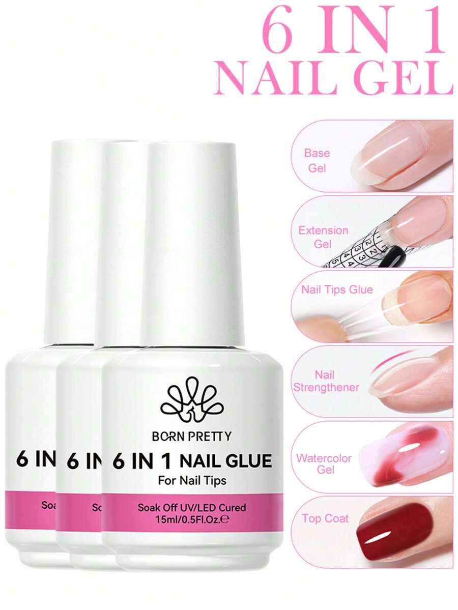 BORN PRETTY 3Pcs 15ml 6‑In‑1 Nail Gel Glue For False Nail Tips, UV‑Cured Soak‑Off Multi‑Use Gel For Base, Extension, Surface Reinforcing, Watercolor Effects & Top Finish, Beginner‑Friendly Manicure Kit