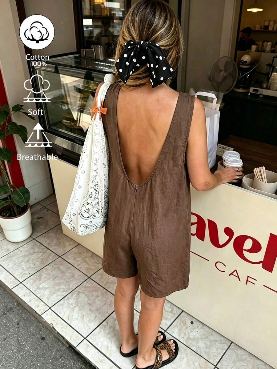 DORISS 夏季杏色無袖寬鬆短版連身褲 棉麻材質 日常街頭通勤旅行穿搭