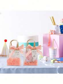 6/20pcs Frosted Transparent Gift Bags With Wooden Handles, 15*13*7cm Transparent Plastic Gift Tote Bags With Green Satin Bows, Waterproof Durable Reusable, Suitable For Wedding Favors, Birthday And Gift Packaging - Multi-color - View 3