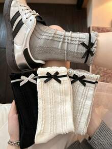 4 Pasang Kaos Kaki Balet Gaya Korea Putih Berenda untuk Musim Semi, Musim Panas, dan Musim Gugur, Warna Polos, Bernapas, Gaya Balet Longgar - MultiWarna - View 7